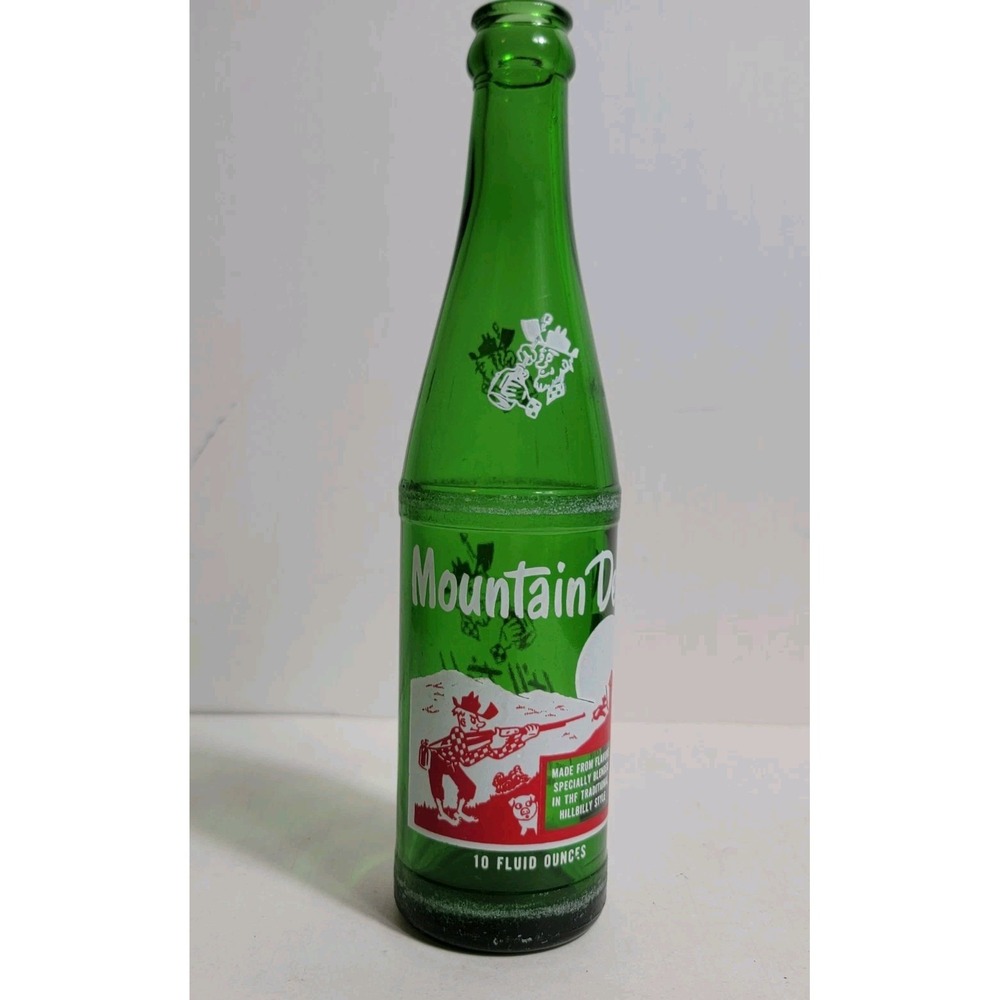 Vintage Mountain Dew 10oz Hillbilly Soda Bottle Green Glass 1960s Advertising